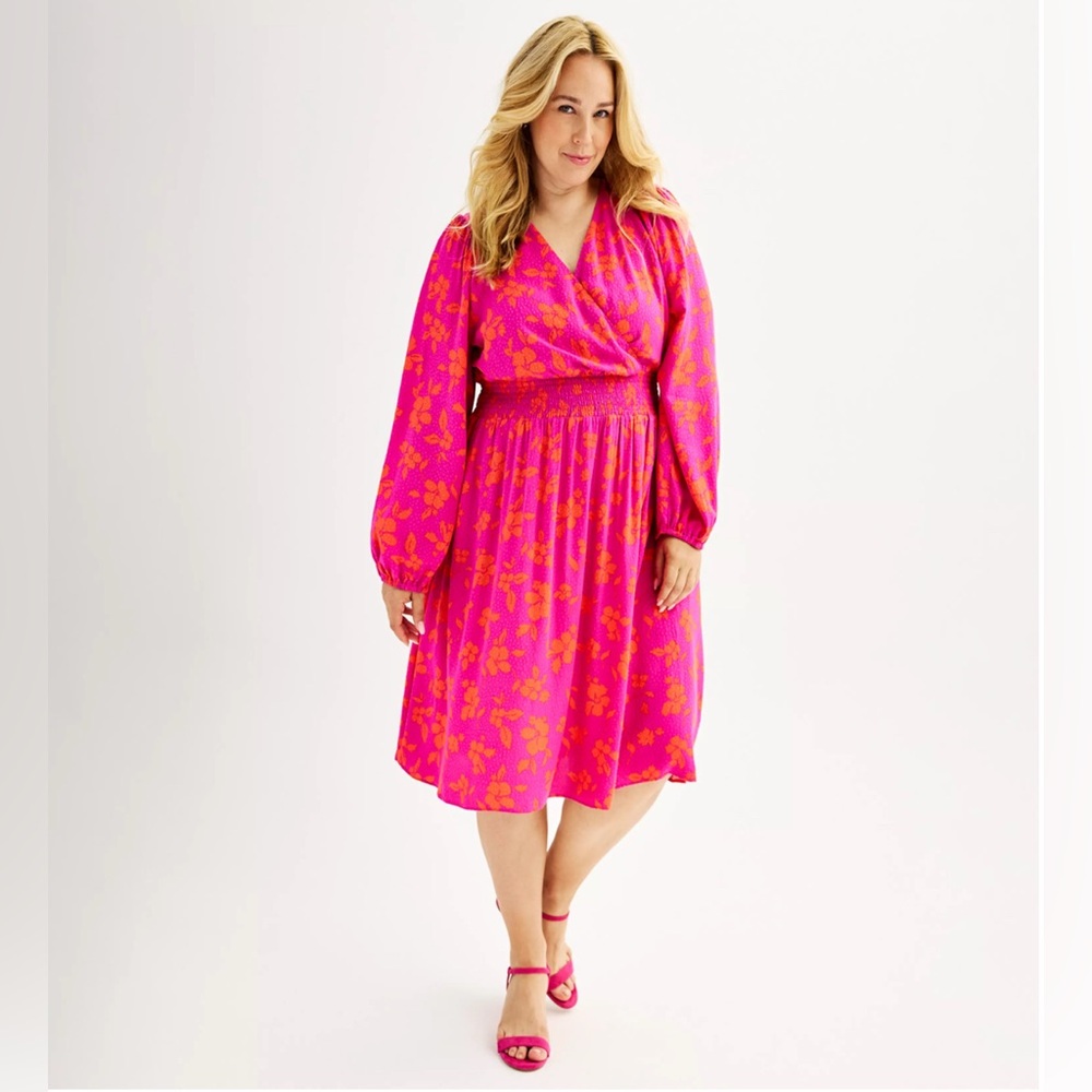 Draper James RSVP Dress Woman’s 1X Fuchsia/Orange Smocked Waist Long Sleeves NWT